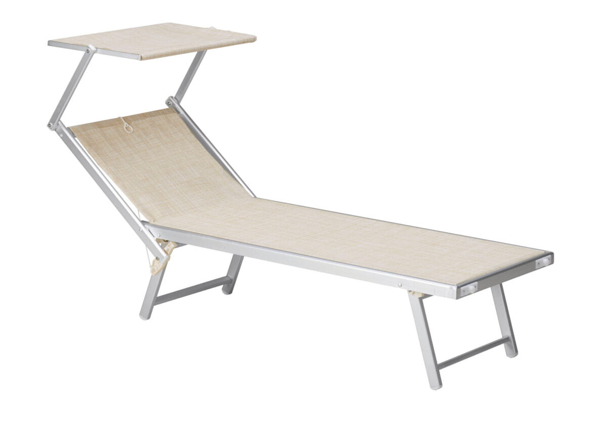 Chaise longue en aluminium avec pare-soleil, beige - largeur 61 cm