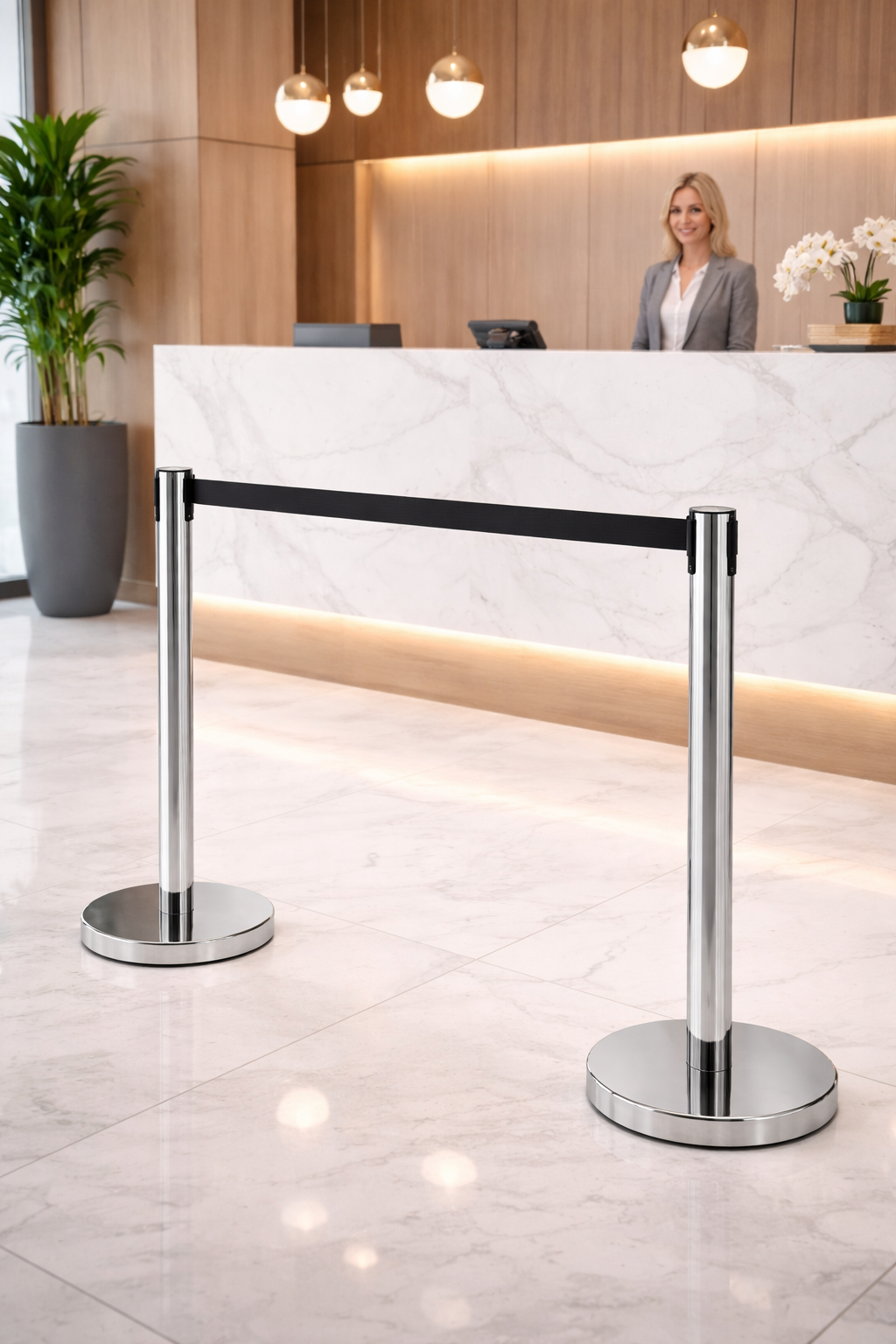 Colonnina Segnaletica con Nastro in Nylon – Struttura in Acciaio Inox