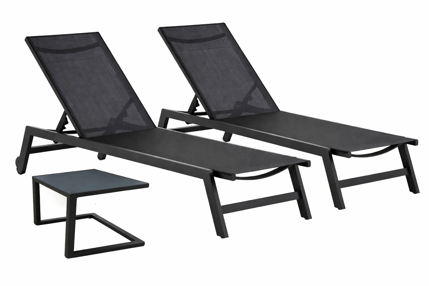 Chaise longue L 55 cm empilable en aluminium avec roulettes noir et anthracite - Table basse offerte