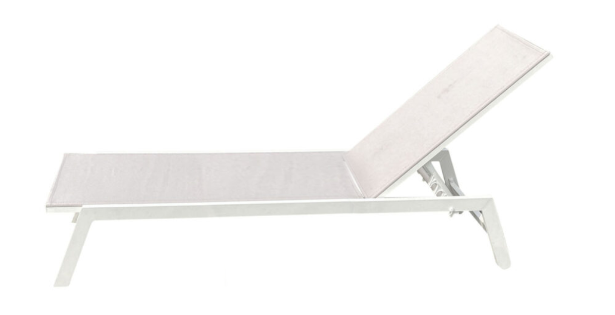 Transat empilable en aluminium L 55 cm avec roues beige et blanc - Table d'appoint offerte