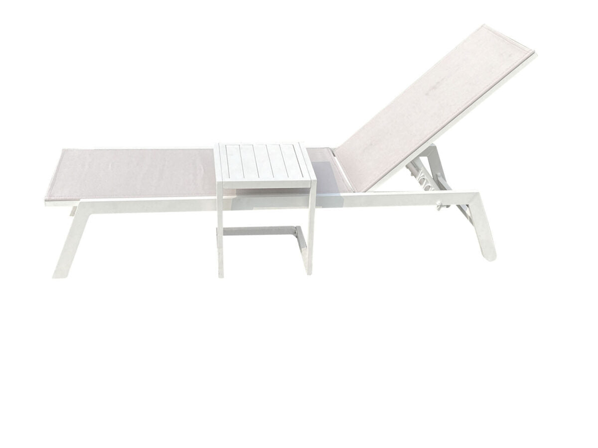 Transat empilable en aluminium L 55 cm avec roues beige et blanc - Table d'appoint offerte