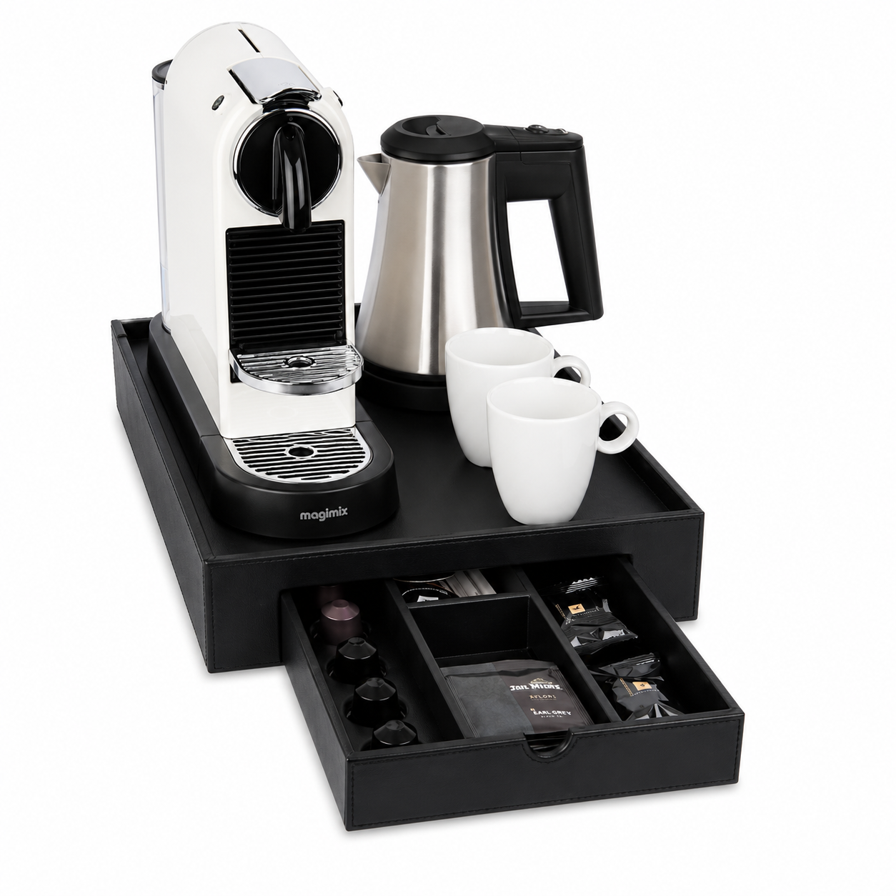 Vassoio Hospitality Ecopelle Nero con Cassetto Estraibile